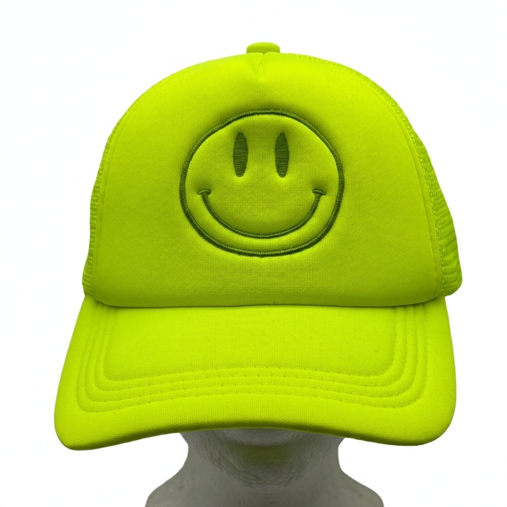 Neon Yellow Smiley Face Trucker Hat Mesh Back Adjustable Snapback Cap